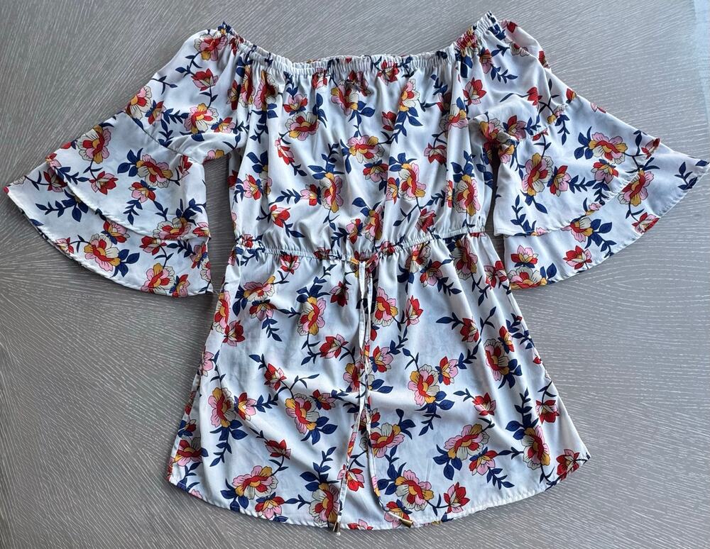 Hint of Blush Floral Off Shoulder Dress XL Boho Tiered Bell Sleeve White